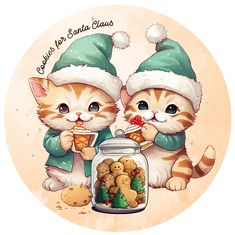 two cats in santa hats are eating cookies and looking at each other through a glass jar