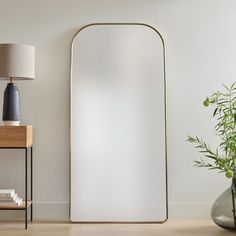 a large mirror sitting on top of a wooden floor next to a lamp