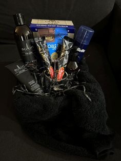 Mens hamper includes - Black box with lid 1 x Black bath towel 1 x Box Ouma Rusks 1 x Milk Chocolates 1 x Sukin facial wash for men - All skin types 1 x Sukin facial moisturiser for me - All skin types 2 x Sukin 3 in 1 wash for men - All skin types 1 x Gillette shaving cream  1 x Nose strip 1 x Coffee mug 1 x Dragon fly spoon 3 x Coffee sachets Coffee Sachets, Nose Strips, Black Bath, X Box, Groomsmen Gifts, Men Gifts, Shaving Cream, Facial Wash, Box With Lid