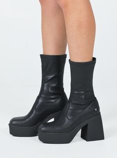 Boots Faux leather material Fitted at leg Block heel Platform base Square toe Slight stretch Heel height: 11cm / 4.3in Windsor Smith Shoes, Festival Shoes, Windsor Smith, Hot Boots, Sock Boots, Coachella Outfit, Platform Block Heels, Shearling Boots, Black Heel Boots