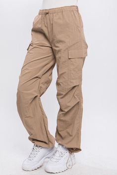 Khaki Loose Fit Parachute Cargo Pants - STYLED BY ALX COUTUREPANTS Cargo Pants Fit, Corset Leggings, Parachute Cargo Pants, Fit Cargo Pants, Parachute Cargo, Tan Pants, China Style, Pants Elastic Waist, Pants Fit