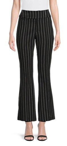 New with tags No Boundaries Juniors Millennium Flare Stretch Black Striped Pants  Size: Medium (7-9) Color: Pinstripe Check all the boxes with No Boundaries' Millennium Flare Pants. Comfortable, stylish and flattering, these pants have a slim fit through the knee an then flare to the bottom. Super stretchy fabric creates a fit that moves with you, making these pants an ideal pick for work and beyond.  Material: 76% Rayon/21% Nylon/3% Spandex Care: Machine washable Country of Origin: Imported Fit Black Striped Pants, No Boundaries, Striped Pants, Flare Pants, Stretchy Fabric, Black Stripes, The Knee, Stretch Fabric, Mid Rise