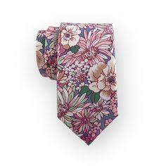 "This handmade floral tie features a tropical floral pattern in vibrant shades of rose pink and mint green - a perfect accessory for a whimsical or fairy-tale wedding, or a Spring garden party!  Fabric: 100% cotton Style: Slim (2.75\") width Length: Approx. 59 in. Care: Dry clean only Thank you!" Floral Print Tie For Spring Gift, Floral Print Ties For Spring Gift, Spring Floral Print Ties As Gifts, Pink Summer Ties For Gifts, Pink Floral Print Tie For Summer, Summer Floral Print Tie, Spring Wedding Floral Print Ties, Pink Floral Print Ties For Spring, Adjustable Pink Ties For Summer