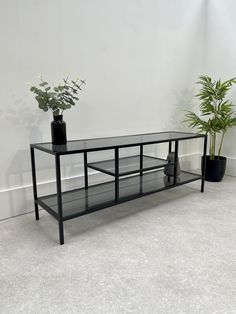 a glass table with two potted plants sitting on it's sides next to a white wall