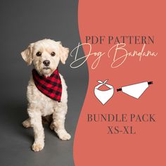 a small white dog wearing a red and black plaid bandana with the text, pdp pattern dog bandana bundle pack x - xxl