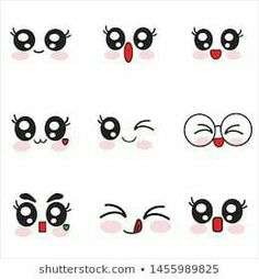 a set of cartoon faces with different facial expressions and eyes, all in black and white