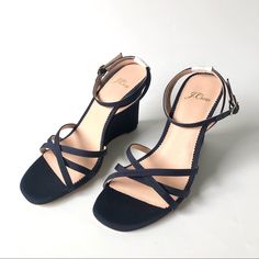 A Dressy-Ish Take On The Summer Favorite Updated In Pretty Silk Faille - Condition Is New With Box - Size: 7.5 In Navy - Approx. Insole: 3.2" Width, 9.65" Length - Buckle Closure At Ankle - Ankle Strap - Fabric Upper. - Leather Lining - 3 2/3" Approx. Heel Evening Wedge Sandals For Summer, Summer Evening Wedge Sandals, Formal Spring Wedge Sandals With Padded Heel, Formal Padded Heel Wedge Sandals For Spring, Formal Summer Sandals With Wedge Heel, Formal Wedge Heel Sandals For Summer, Formal Summer Wedge Heel Sandals, Evening Wedge Sandals With Padded Heel For Spring, Summer Evening Wedge Sandals With Wrapped Heel