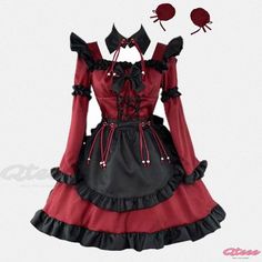 Qteee - Gothic Lolita Cosplay Maid Dress with Devil-inspired Design Red Harajuku Dress For Halloween, Red Harajuku Style Dress For Halloween, Red Harajuku Style Dress For Costume Party, Harajuku Style Red Dress For Costume Party, Fitted Red Costume With Anime Print, Red Fitted Anime Print Costume, Red Long Sleeve Harajuku Dress, Harajuku Style Red Long Sleeve Dress, Gothic Cosplay Costume With Ruffles