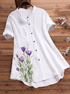 Women's Floral Print Casual Cotton Linen Shirt Simple Painting, Loose Shorts, Blouse Online, White Summer, Fabric Painting, Floral Shirt, Short Sleeve Blouse, Linen Shirt, Cotton Linen