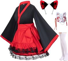 This cosplay costume set is inspired by the elegant and mystical kitsune (fox) characters often seen in Japanese anime and folklore. Made of high-quality polyester, the set includes the following items😍❤️‍🔥 Red And White Kimono, White Kimono Dress, Kimono And Dress, Fox Cosplay, Fox Costume, Anime Uniform, Dress Websites, Kitsune Fox, Traditional Japanese Kimono