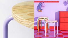 two stools and a table in a room with purple walls, pink flooring and red checkered tile