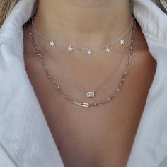 Item Information Metal: 14k Gold Chain Length: 16"+1"+1" Gemstone Information Gemstone(s): Diamond Total Carat Weight: 0.14 Stars Necklace, Winter Whites, Solitaire Necklace, 18k Gold Chain, Emerald Cut Diamond, Solitaire Necklaces, Initial Jewelry, Emerald Cut Diamonds, Cleaning Kit