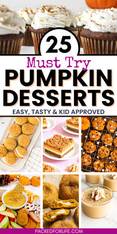 The image shows a variety of the best pumpkin desserts, including cupcakes, whoopie pies, cheesecake bars, cookies, dips, all beautifully presented as easy-to-make, kid-approved treats for autumn. Easy Pumpkin Treats, No Bake Pumpkin Desserts, Pumpkin Dessert Recipes, 2023 Thanksgiving, Dessert Pumpkin