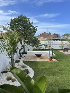 an outdoor area with grass, rocks and potted plants