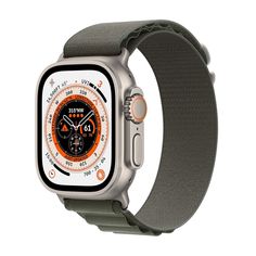 the apple watch series 5 is equipped with an orange and white face, gray band