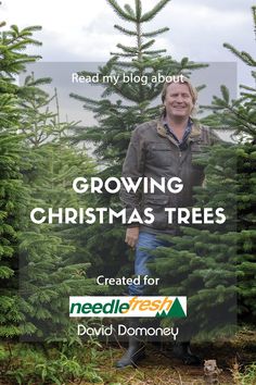 a man standing in front of some trees with the words growing christmas trees on it