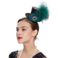 PRICES MAY VARY. Material: black hat+Ostrich feather+green rhinestones+ribbon, Soft feathers, will swing with your movement. Two ways to wear the headgear: one is the headband and the other is the clamp. Wear it in the right position on the head and add unlimited possibilities to your style. This retro style of the headdress, a simple style, with green mesh petals and rhinestone, made into a flower , with ostrich feather decoration, so that the headdress looks very beautiful. Size: One size fits Ostrich Feather Top, Derby Tea Party, Top Hat Headband, Feather Top, Headband Fascinator, Black Fascinator, Hat Headband, Feather Tops, Feather Decor