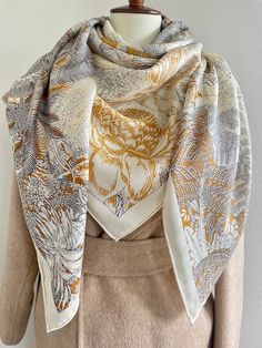 Elegant Tropical Foliage Square Scarf /Shawl /Wrap Material: 70% wool 30% silk Size: 140 cm x 140 cm / 55 in x 55 in As this shawl is hand-rolled, the dimensions indicated may vary. Edges: Hand-Rolled Edges Warm and vivid color, palm trees and tropical foliage. Feels like the warm trade winds of paradise. Can style as a neck scarf, a head scarf, a shawl or a wrap. Suitable for all seasons, perfect gift for Valentine's Day, Mother's Day, and special occasions.  Care instructions: Gently use cold Luxury Wool Shawl Wrap, Luxury Silk Shawl Scarves, Elegant Gold Scarf One Size, Silk Shawl Scarf One Size, Beige Silk Shawl Scarf, Elegant Yellow Silk Shawl, Plants Pattern, Large Square Scarf, Hair Scarf