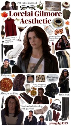 Mood board of Lorelai Gilmore (character from Gilmore girls) Lorelai Gilmore Jewelry, Lorelai Gilmore Lifestyle, Lorelei Gilmore Makeup, Gilmore Outfits Lorelai, Lorelai Gilmore Outfits Autumn, Loralie Gilmore Work Outfits, Rory Gilmore Style Fall, Lorelai Gilmore Makeup