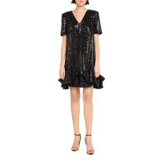 Badgley Mischka sequin mini dress with flounce ruffle hem Approx. 35"L from shoulders to hem V neckline Short sleeves; approx. 10.5"L Hem falls above the knee Shift silhouette Invisible back zipper Polyester Lining: Polyester Spot clean Imported Dress With Flounce, Ruffle Mini Dress, Sequin Mini, Sequin Mini Dress, Badgley Mischka, Above The Knee, Ruffle Hem, The Knee, Sequin