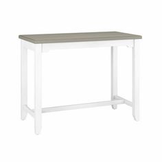 a white table with grey top on a white background and an empty shelf below it