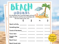 a beach themed printable with words and pictures