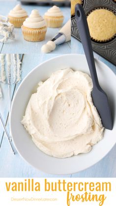 cupcake batter in a white bowl next to muffins on a blue table