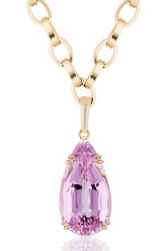 Large pear shaped Kunzite gemstone with 18 karat gold chain by fine jewelry designer Goshwara| kunzite jewelry Elegant Pink Jewelry With Cable Chain, Elegant Pink Cable Chain Jewelry, Yellow Gold Jewelry With Kunzite Gemstones, Yellow Gold Kunzite Jewelry Gift, Yellow Gold Kunzite Jewelry As A Gift, Luxury Kunzite Jewelry For Gifts, Luxury Yellow Gold Briolette Drop Necklace, Luxury Pear-shaped Drop Necklace For Gift, Luxury Pear-shaped Yellow Gold Drop Necklace