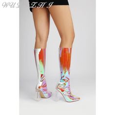 Fashion Transparent Knee High Boots Pvc Spring New Women's Back Zipper Modern Boots Pointed Toe Boots Female, Zipper Fashion, Zippers Fashion, Woman Back, Long Boots, Thick Heels, New Woman, Knee High Boots, High Boots