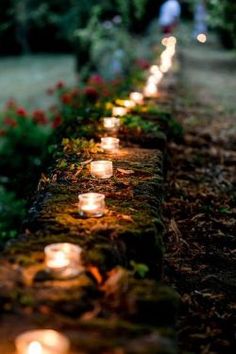 several lit candles are lined up along a brick wall in the park at night time