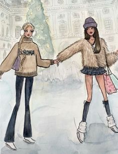 two women are walking in the snow holding hands