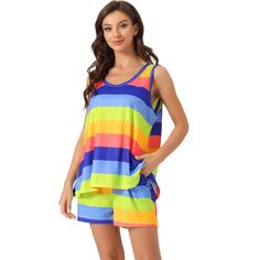 Elevate your loungewear collection with the Cheibear Women's Rainbow Stripe Tank Tops with Shorts Pajama Sets. This delightful set, designed for the modern woman, combines comfort and style seamlessly.

- **Material:** Soft blend of 65% Cotton and 35% Polyester
- **Features:** Sleeveless top, shorts with pockets, and vibrant rainbow stripe print
- **Color:** Night (Blue)
- **Gender:** Female
- **Size:** Large

Crafted to provide a breathable and skin-friendly experience, this pajama set ensures Comfortable Multicolor Sleepwear For Pajama Party, Comfortable Blue Pajama Shorts, Casual Blue Pajama Shorts For Sleep, Summer Sleepwear With Relaxed Fit, Summer Leisure Sleepwear With Relaxed Fit, Summer Relaxed Fit Sleepwear For Leisure, Comfortable Multicolor Summer Sleepwear, Casual Blue Sleepwear For Vacation, Blue Summer Pajama Shorts For Sleep