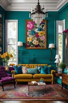 a living room with teal walls and colorful furniture in the center, along with pictures on the wall