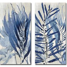 two paintings with blue leaves on them