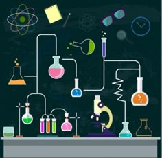 science lab with flasks, beakles and other items on blackboard background