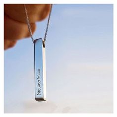 "18K White Gold 3D Vertical Name Bar Necklace * Personalized Necklace * Customize Engraved Necklace * Gift for Her * Necklaces for Women ★ This 18K White Gold fused over highest quality of 925 Sterling Silver 3D Engraved Bar Necklace features a solid 40 x 5 mm engravable bar that can be personalized and engrave to your liking (up to 20 characters max), giving you the options to personalize your pendant with message, name and/or date. You can have one, two or all four sides engraved. This solid B Gold Engraved Necklace, Custom Engraved Necklace, Engraved Bar Necklace, Friendship Necklace, Bar Necklace Personalized, Silver Bar Necklace, Gold Beauty, Name Initials, Friendship Necklaces