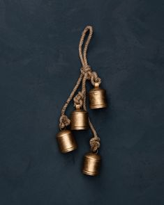 three bells hanging from a rope on a wall