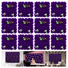 several images of purple flowers in various stages of blooming, and then being cut into smaller squares