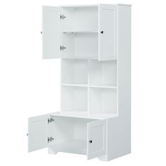 a white cabinet with two doors and three drawers on the bottom, one door open