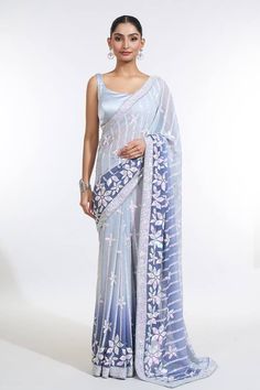 Grey ombre saree with floral sequin embroidery. Paired with an embroidered padded blouse. - Aza Fashions Party Wear Saree Blouse With Intricate Embroidery, Party Wear Embroidered Fabric For Saree With Intricate Design, Embroidered Silk Saree For Party Wear, Silk Embroidered Party Wear Saree, Evening Embroidered Semi-stitched Saree, Embroidered Art Silk Party Wear Pre-draped Saree, Embroidered Art Silk Pre-draped Party Saree, Transitional Floral Embroidered Pre-draped Saree, Georgette Blouse Piece With Floral Embroidery