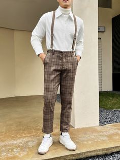 Men Plaid Slant Pocket Suspender Pants | SHEIN USA Suspenders Men Fashion Street Style, Checkered Pants Outfit Men, Plaid Pants Men Outfit, Plaid Trousers Outfit, Suspenders Outfits, 1940s Radio, Outfits With Suspenders, Suspenders Men Fashion, Checkered Outfit