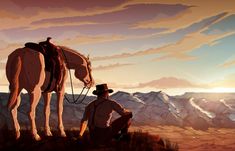 a man sitting on top of a hill next to a horse with a cowboy hat