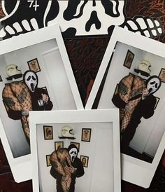 three polaroid pictures of a woman in fishnet stockings and skeleton headdress