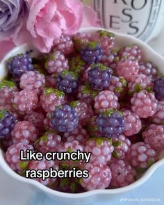 a bowl filled with purple grapes next to a pink rose