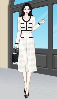 a woman in a white coat and black shoes is holding a handbag while standing next to an open door