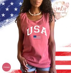 USA Flag Tank Top, Comfort Colors Tank Tops, America Tank Top, 4th of July Tank Top, American Flag Tank Top, July 4th Tank Top, Veterans day ' Shirt Materials & Features: *Comfort Colors - Garment-Dyed Heavyweight Tank Top - 9360 *6.1 oz./yd², 100% ringspun cotton, garment-dyed, 20 singles *Relaxed fit *Bound self-fabric neck and armholes *Double-needle neck, armhole and bottom hems *Signature twill label *Our garments are pre-shrunk during the garment dye and wash processes for almost no shrink 4th Of July Cotton Tank Top With Letter Print, Crew Neck Cotton Tank Top For 4th Of July, American Flag Print Cotton Tank Top For Independence Day, Sleeveless Tops For Independence Day, 4th Of July American Flag Print Cotton Tank Top, Patriotic Cotton Tank Top, Patriotic Cotton Tank Top For Memorial Day, Patriotic Cotton Tank Top With American Flag Print, Patriotic Crew Neck Tank Top For 4th Of July