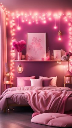 a bedroom decorated in pink and gold with lights on the wall, bedding and pillows