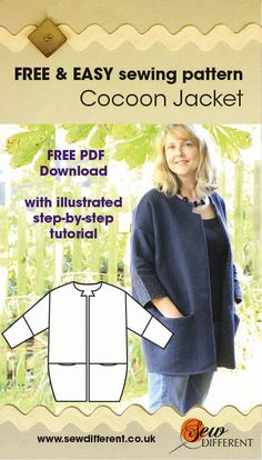 a woman wearing a jacket and jeans with the text, free easy sewing pattern cocoon jacket