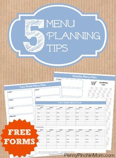 a menu with the words 5 menu planning tips on it and an image of a meal list