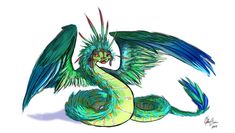 a drawing of a green and blue dragon sitting on its back with wings spread out